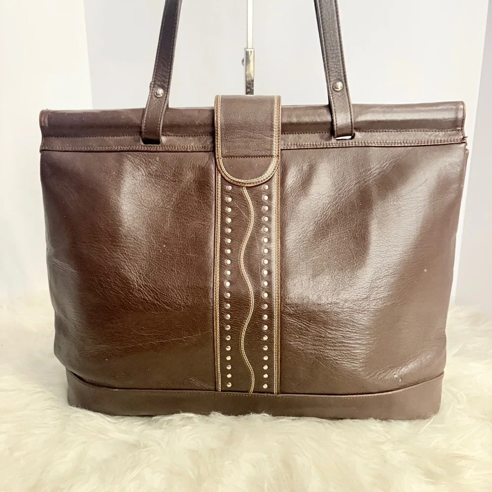 Vintage Kathi Kilburn Brown Leather Studded Tote Bag Handcrafted in Spain RARE